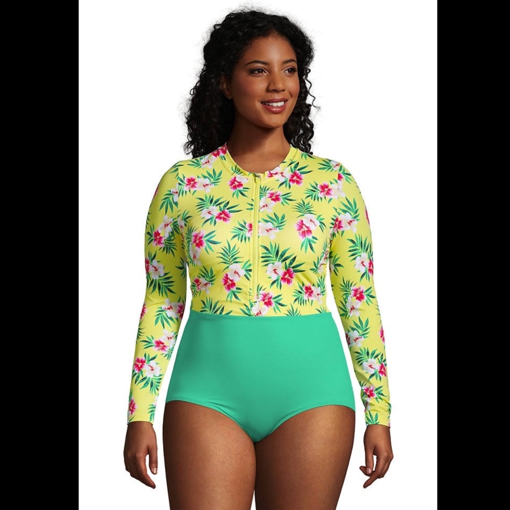 Lands’ End Zip Front Long Sleeve Tugless Sporty One Piece Swimsuit